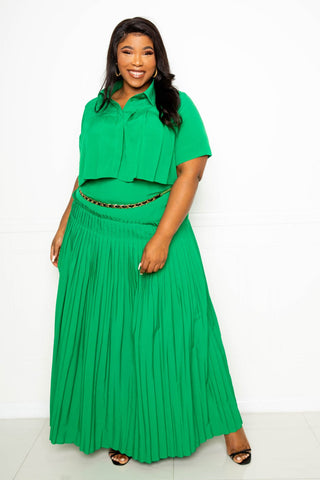 Pleated Cropped Shirt And Maxi Skirt Set Look Up Deals