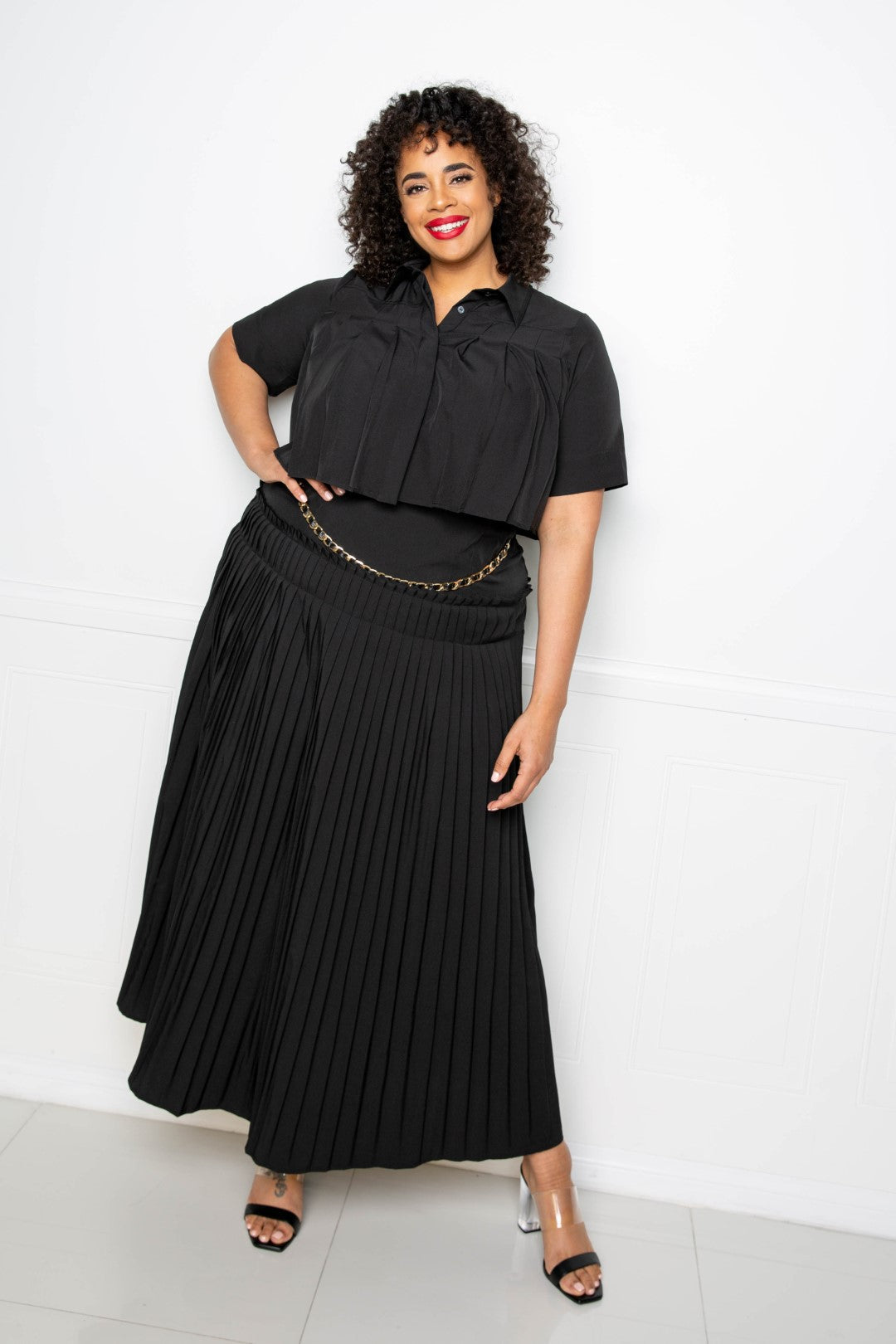 Pleated Cropped Shirt And Maxi Skirt Set Look Up Deals