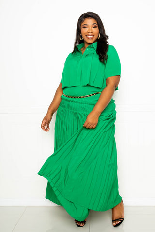 Pleated Cropped Shirt And Maxi Skirt Set Look Up Deals