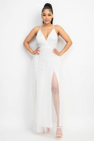 Pleated Mesh Slit Maxi Dress Look Up Deals