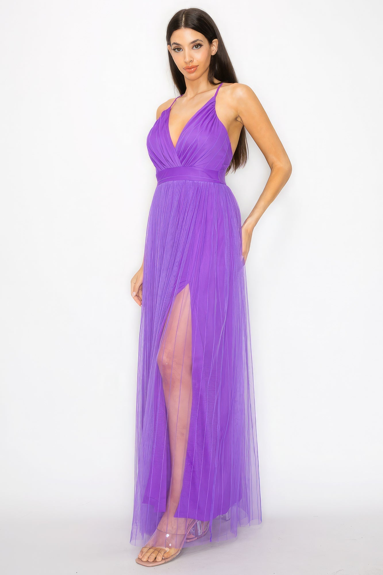 Pleated Mesh Slit Maxi Dress Look Up Deals