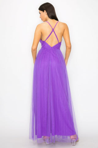 Pleated Mesh Slit Maxi Dress Look Up Deals