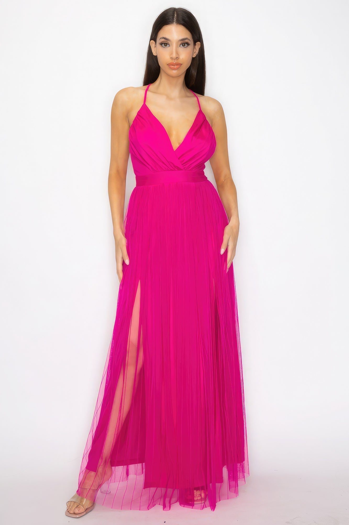 Pleated Mesh Slit Maxi Dress Look Up Deals