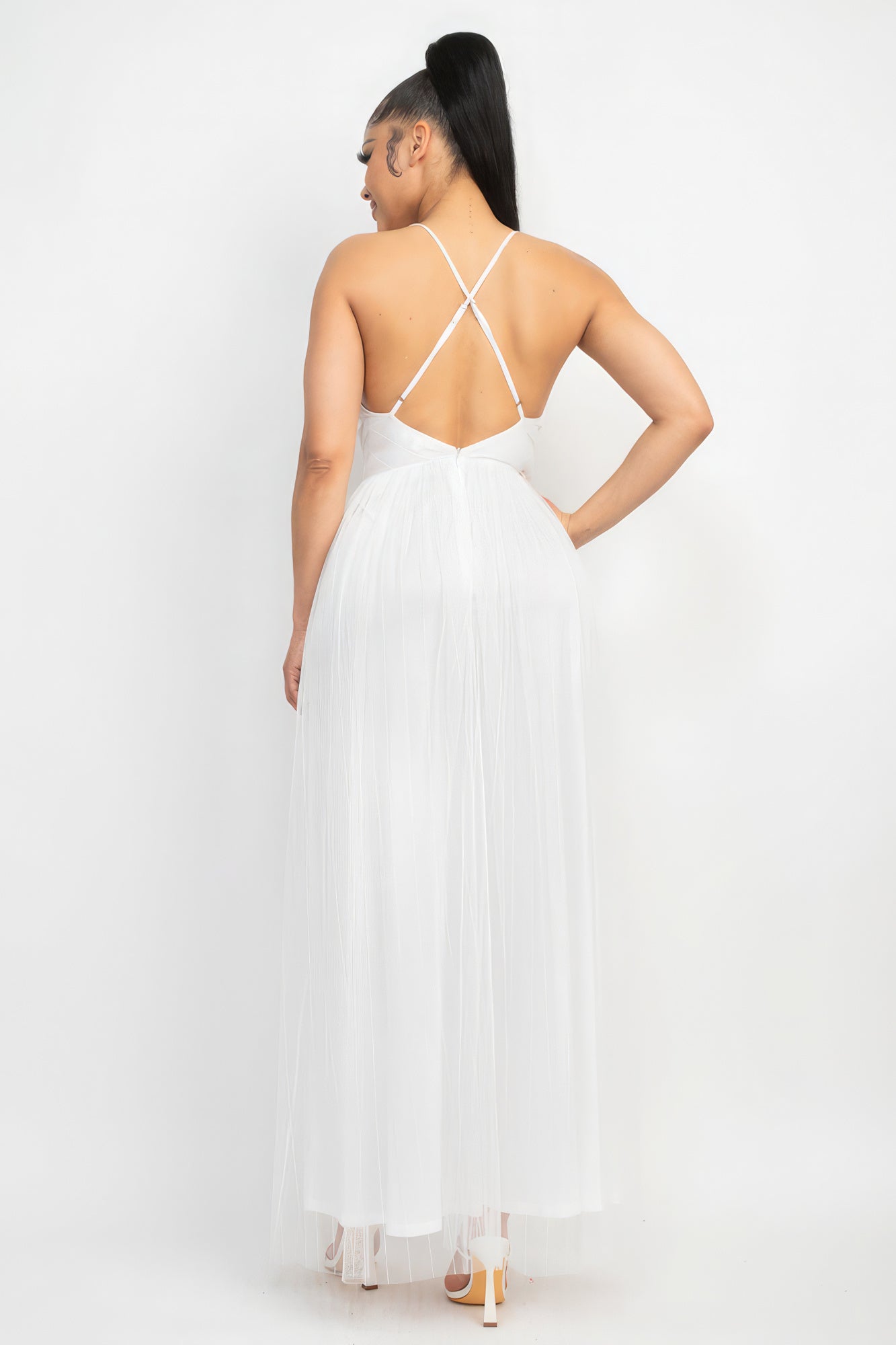 Pleated Mesh Slit Maxi Dress Look Up Deals