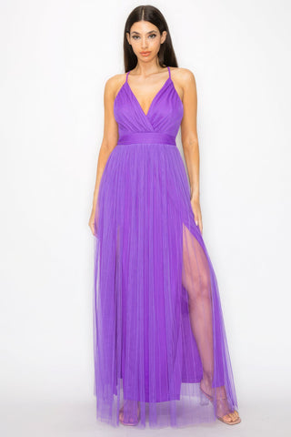 Pleated Mesh Slit Maxi Dress Look Up Deals