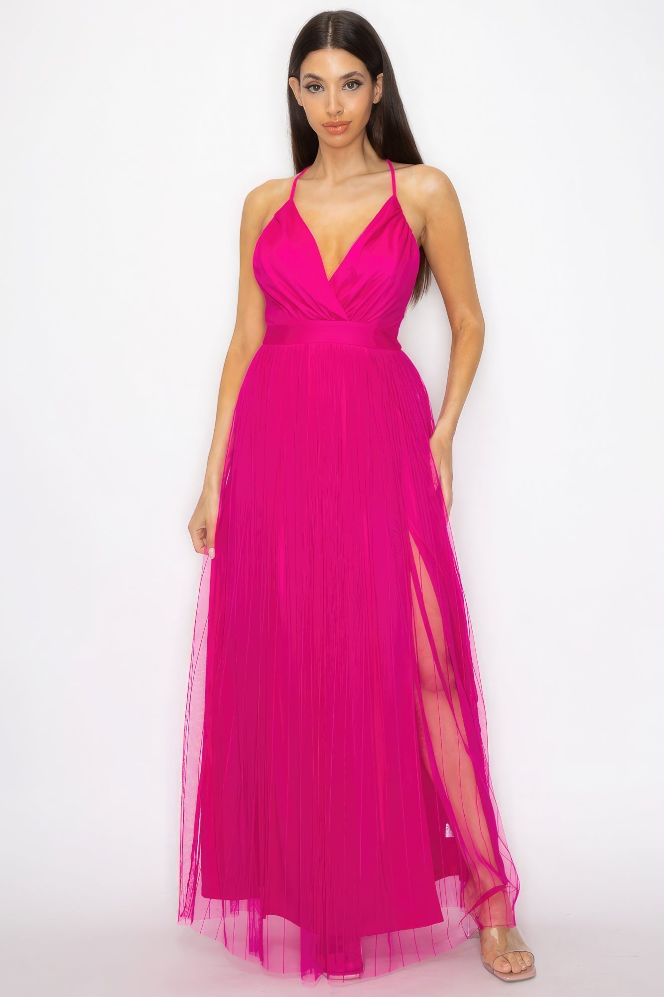 Pleated Mesh Slit Maxi Dress Look Up Deals