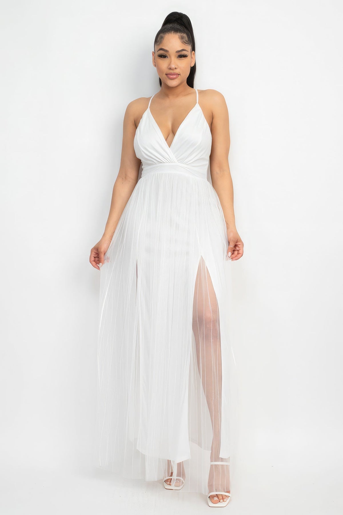 Pleated Mesh Slit Maxi Dress Look Up Deals