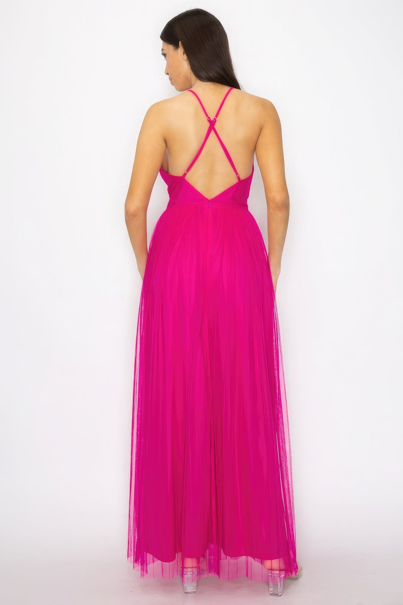 Pleated Mesh Slit Maxi Dress Look Up Deals