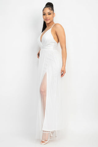 Pleated Mesh Slit Maxi Dress Look Up Deals