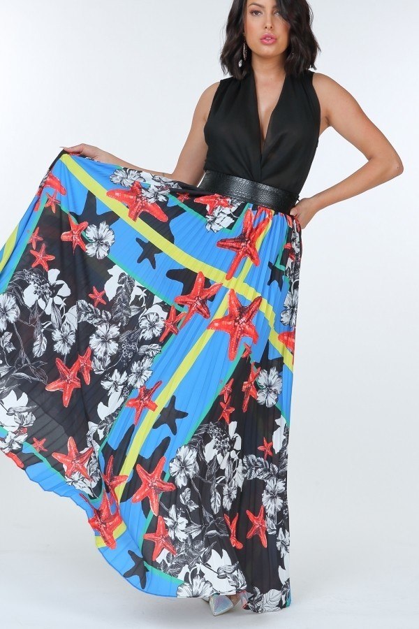 Pleated Print Maxi Skirt With Leather Waist Band Look Up Deals