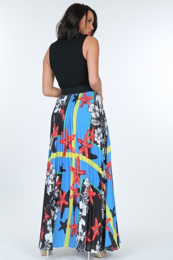 Pleated Print Maxi Skirt With Leather Waist Band Look Up Deals