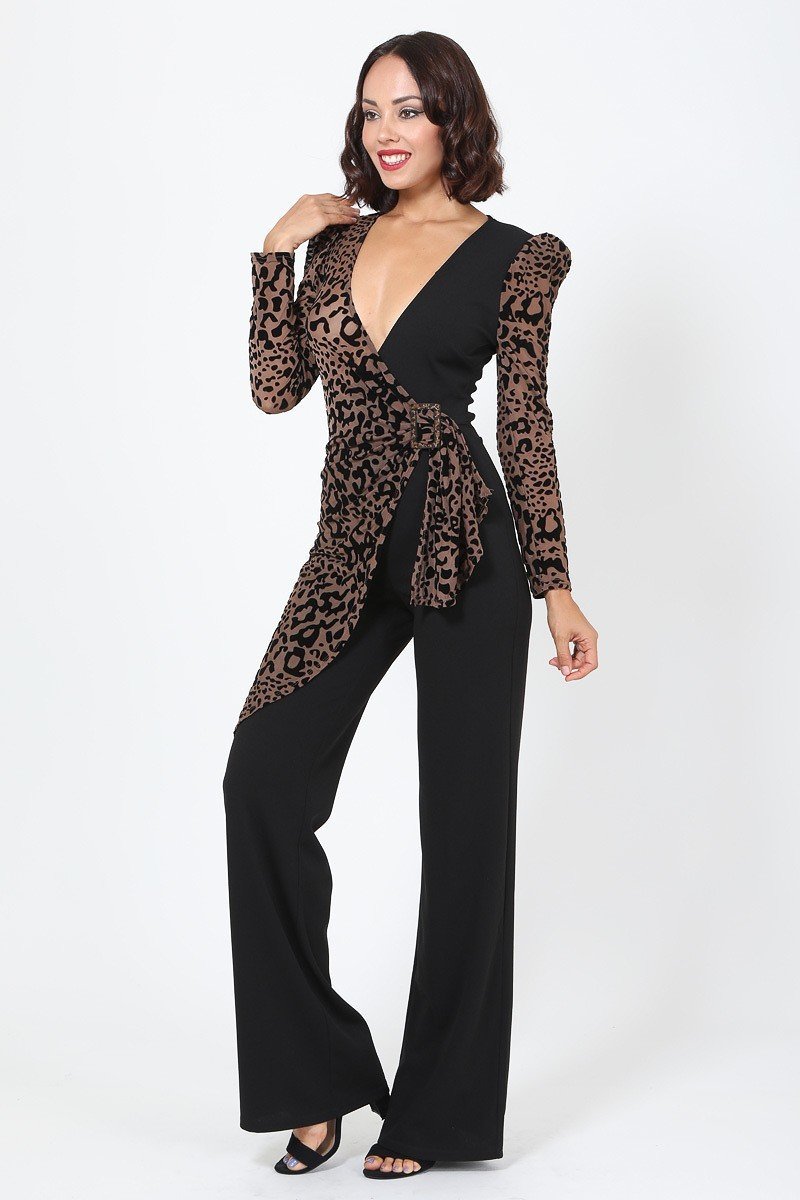 Plunging V Buckle Detail Leopard Jumpsuit Look Up Deals