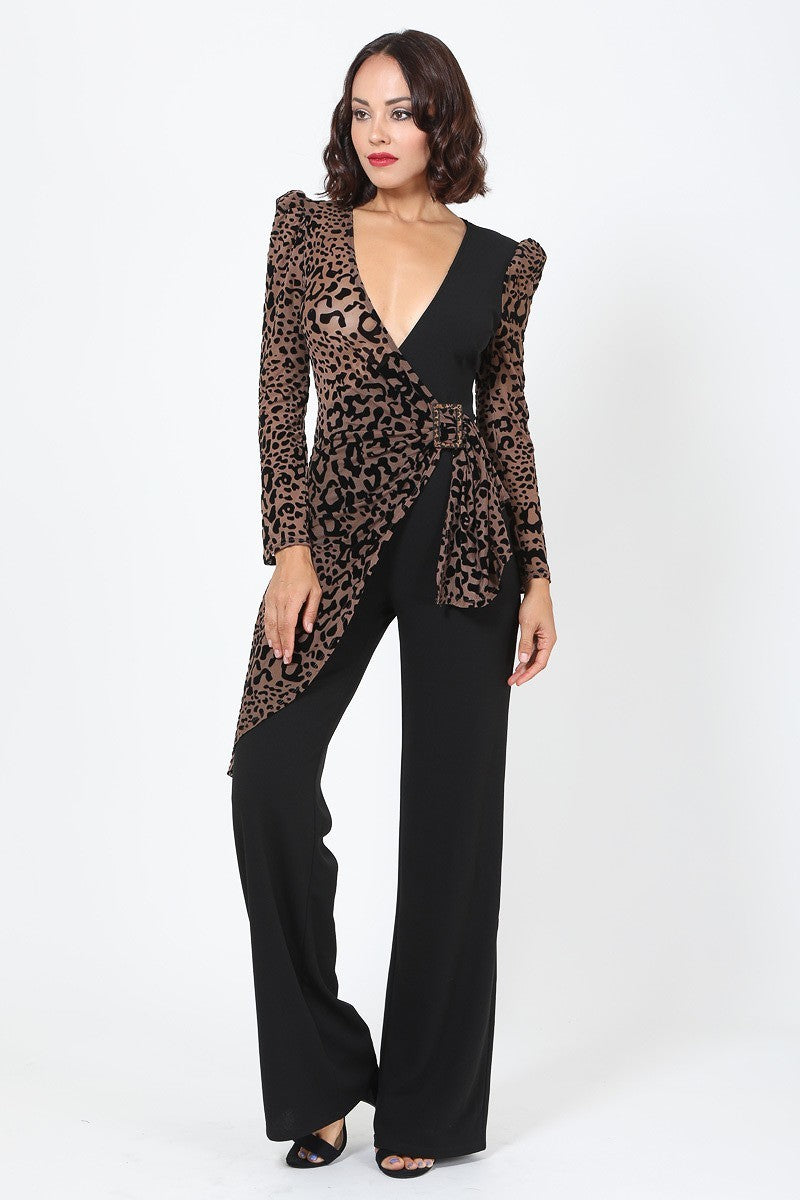 Plunging V Buckle Detail Leopard Jumpsuit Look Up Deals