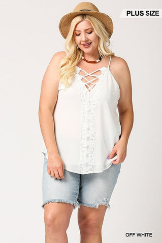 Plunging V-neckline Lattice Top With Scalloped Lace Look Up Deals