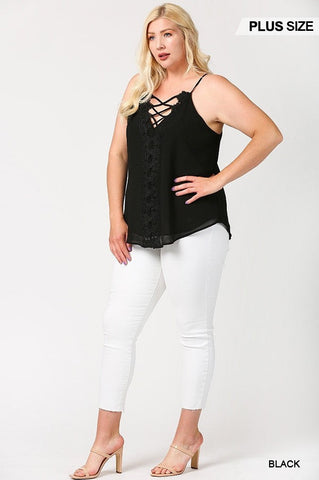 Plunging V-neckline Lattice Top With Scalloped Lace Look Up Deals