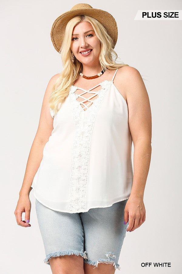 Plunging V-neckline Lattice Top With Scalloped Lace Look Up Deals