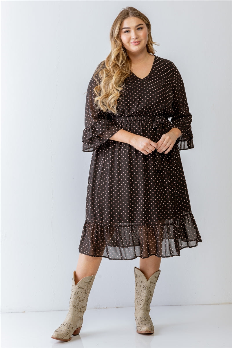 Plus Black Print Belted Flare Hem Midi Dress Look Up Deals