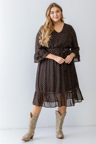 Plus Black Print Belted Flare Hem Midi Dress Look Up Deals