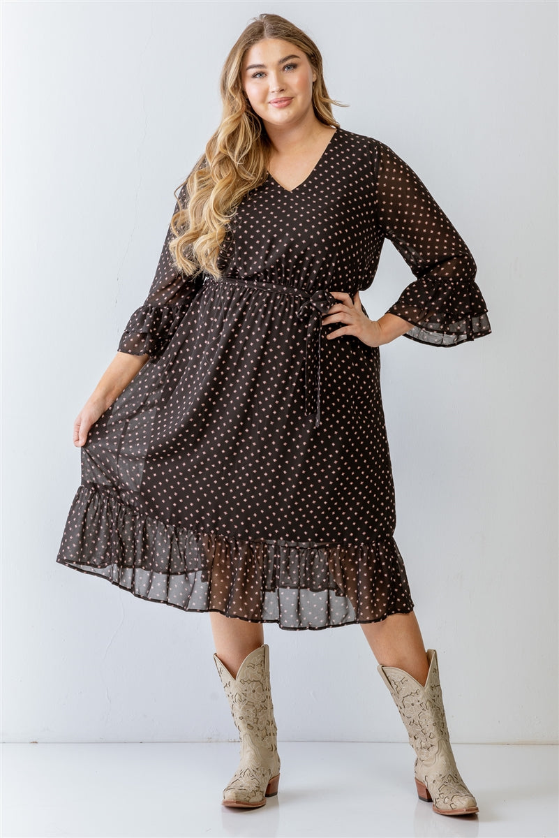 Plus Black Print Belted Flare Hem Midi Dress Look Up Deals