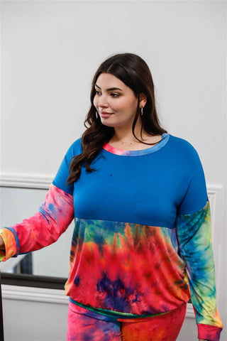 Plus Blue Neon Rainbow Tie-dye Colorblock Long Sleeve Top & Biker Shorts Set Look Up Deals