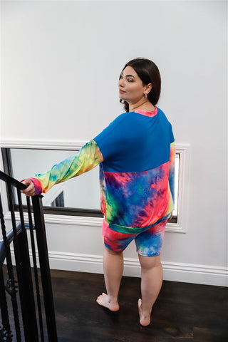 Plus Blue Neon Rainbow Tie-dye Colorblock Long Sleeve Top & Biker Shorts Set Look Up Deals