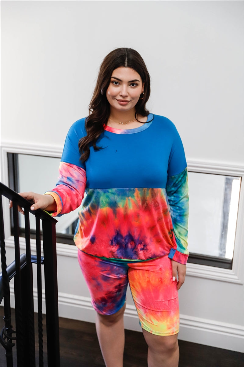 Plus Blue Neon Rainbow Tie-dye Colorblock Long Sleeve Top & Biker Shorts Set Look Up Deals