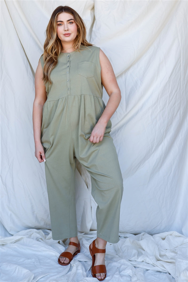 Plus Cotton Front Button Up Detail Sleeveless Jumpsuit Look Up Deals