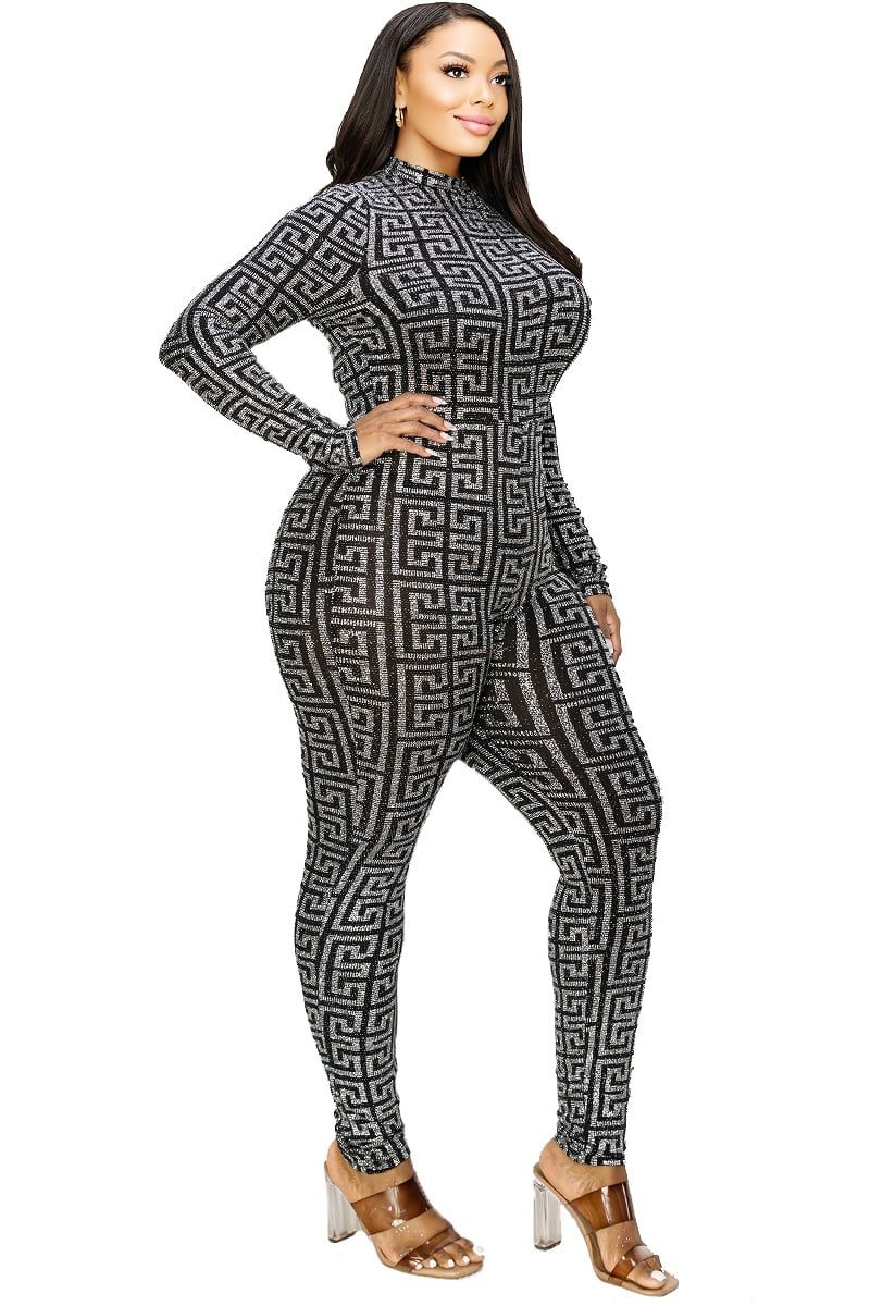 Plus Geo Pattern Glitter Printed Jumpsuit Look Up Deals