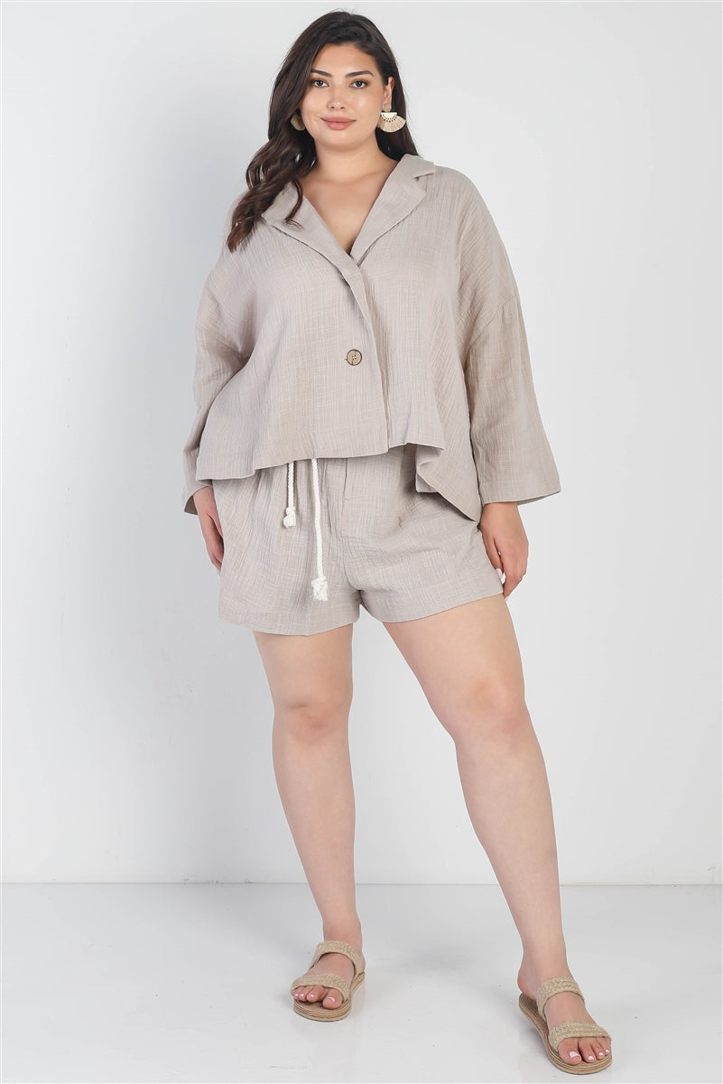 Plus Grey Button-up Collared Neck Blazer High Waist Shorts Set Look Up Deals