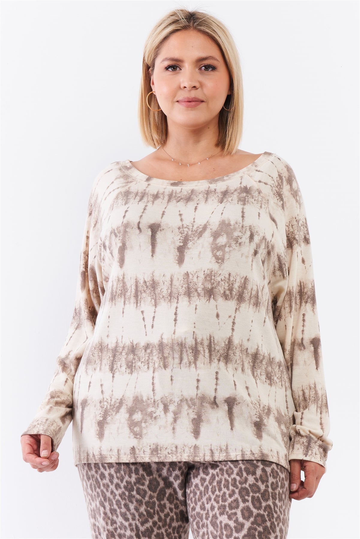 Plus Ivory Acid Wash Print Bateau Neck Relaxed Fit Long Sleeve Top Look Up Deals