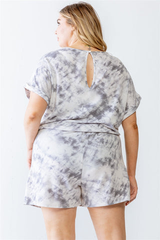 Plus Ivory & Grey Tie-dye Print Two Pocket Romper Look Up Deals