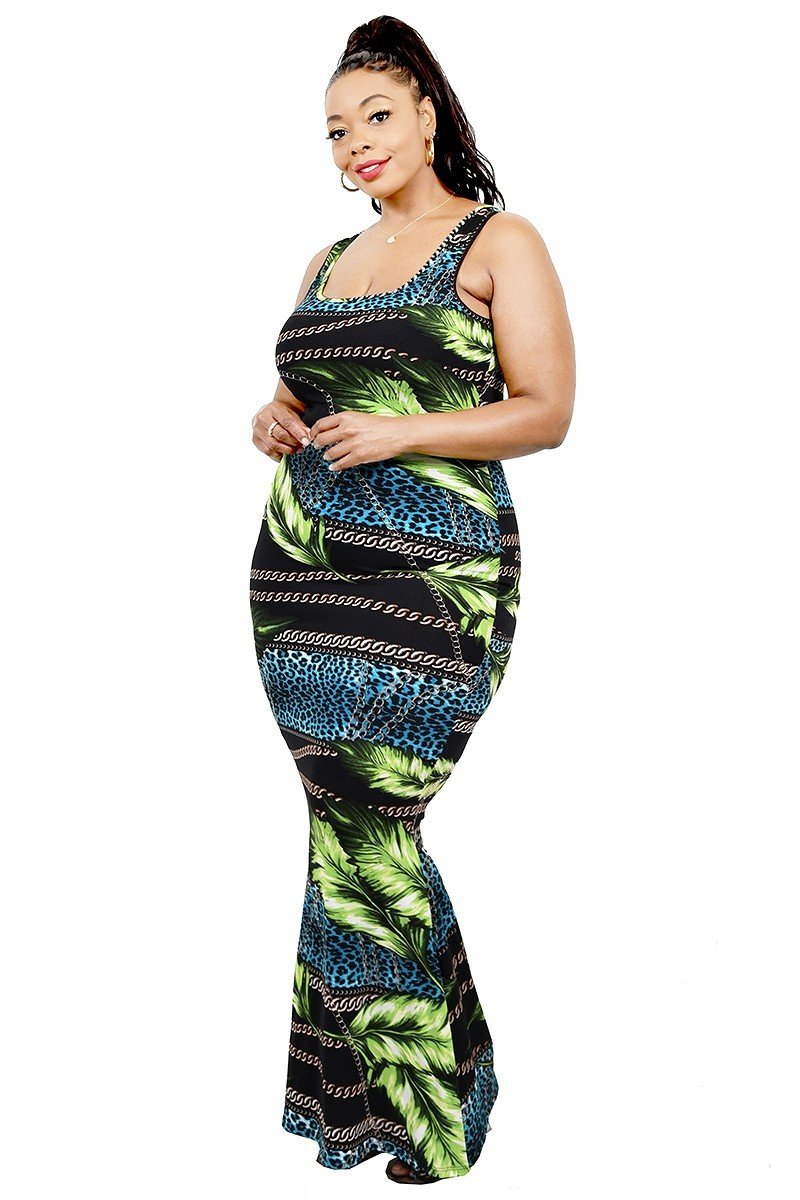 Plus Leaf & Chain Print Bodycon Maxi Dress Look Up Deals