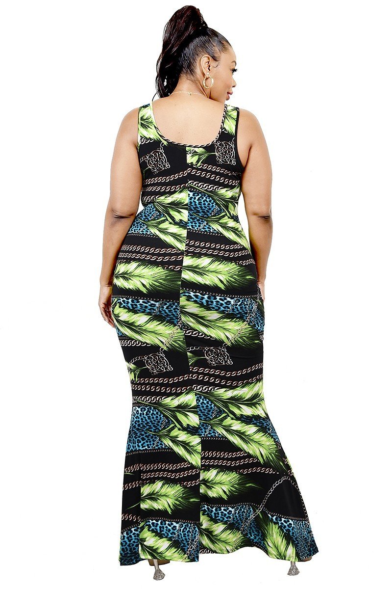 Plus Leaf & Chain Print Bodycon Maxi Dress Look Up Deals