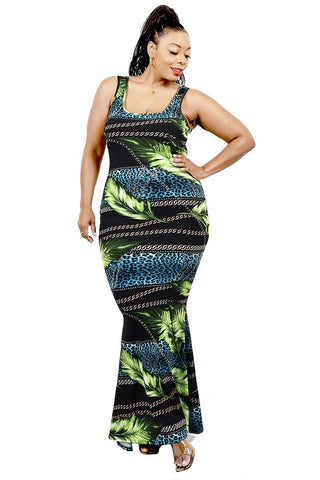 Plus Leaf & Chain Print Bodycon Maxi Dress Look Up Deals