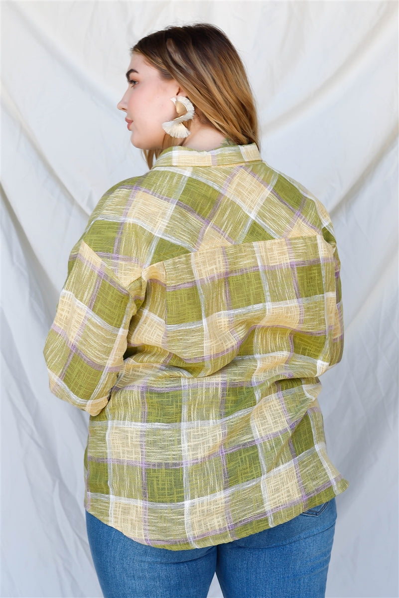 Plus Lime Cotton & Linen Blend Textured Plaid Shirt Top Look Up Deals