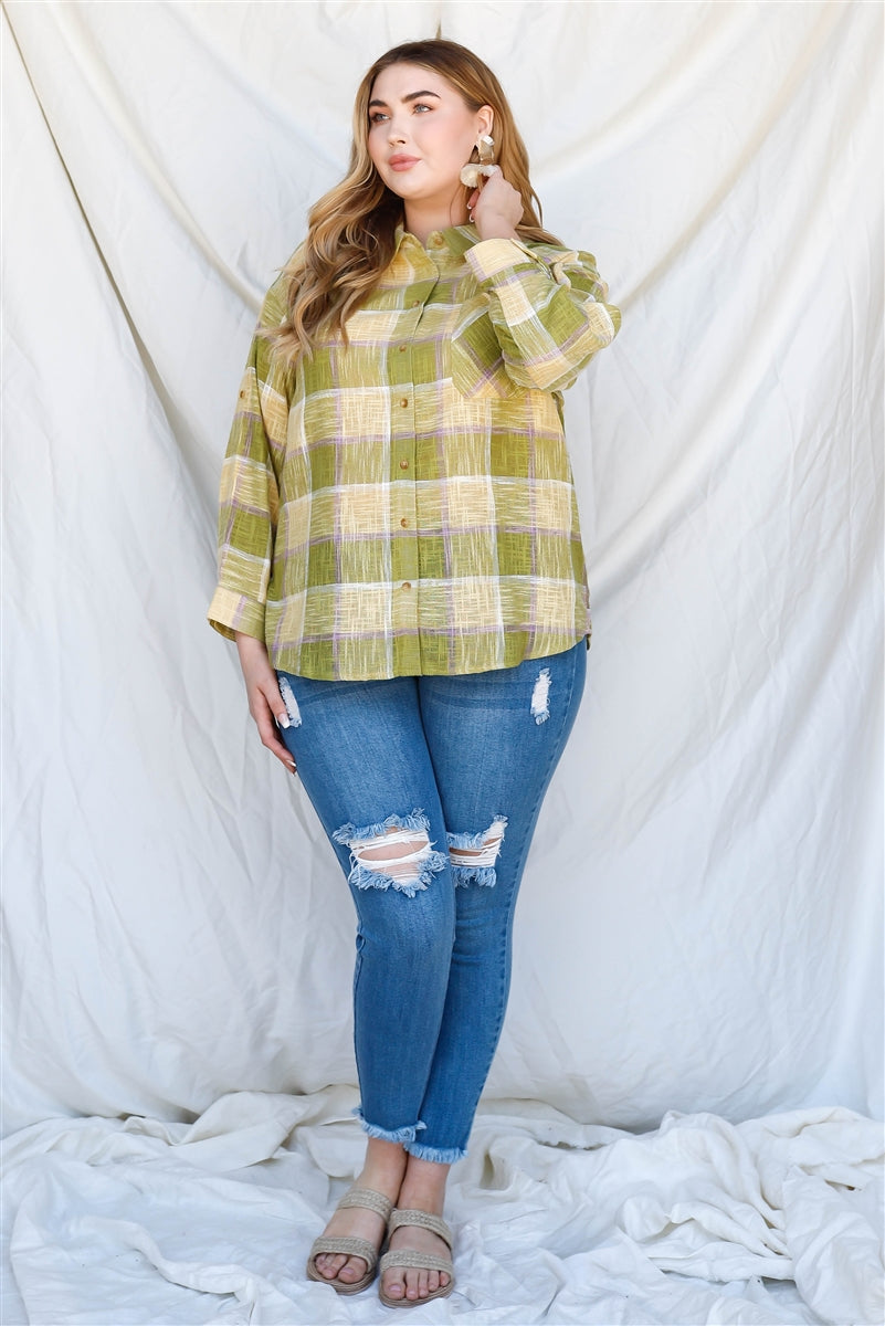 Plus Lime Cotton & Linen Blend Textured Plaid Shirt Top Look Up Deals