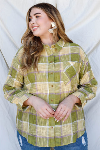 Plus Lime Cotton & Linen Blend Textured Plaid Shirt Top Look Up Deals