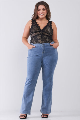 Plus Mid-wash Blue Denim Low-rise Wide-leg Upsized Basic Dad Jeans Look Up Deals