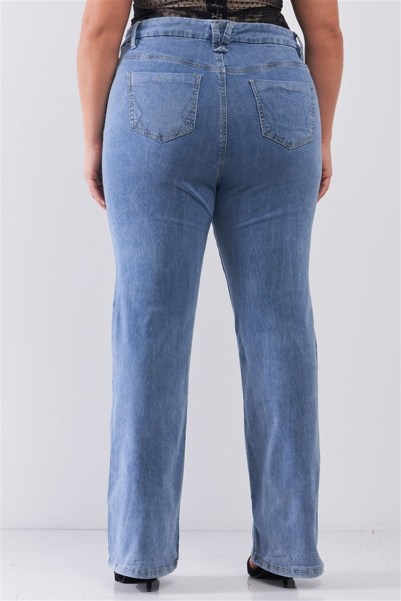 Plus Mid-wash Blue Denim Low-rise Wide-leg Upsized Basic Dad Jeans Look Up Deals