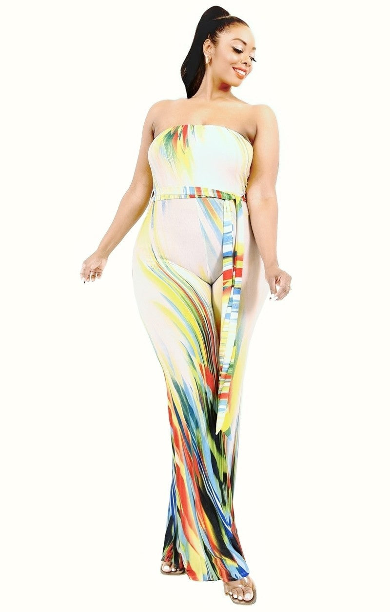 Plus Off Shoulder Color Brushed Tie Waist Jumpsuit Look Up Deals