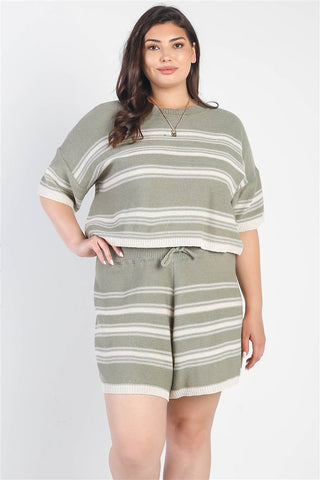 Plus Olive Striped Knit Short Sleeve Crop Top High Waist Shorts Set Look Up Deals