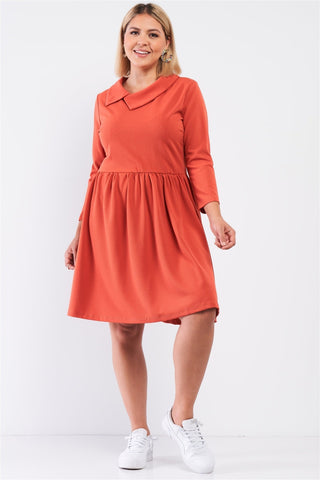 Plus Pleated Preppy Fit & Flare Long Sleeve Asymmetrical Peter Pan Collar Mini Dress Look Up Deals