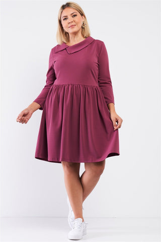 Plus Pleated Preppy Fit & Flare Long Sleeve Asymmetrical Peter Pan Collar Mini Dress Look Up Deals