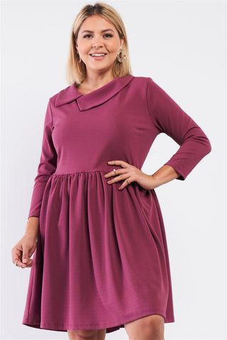 Plus Pleated Preppy Fit & Flare Long Sleeve Asymmetrical Peter Pan Collar Mini Dress Look Up Deals