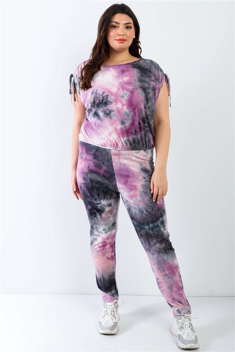 Plus Purple & Black Tie-dye Ruched Shoulder Detail Top & Pants Set Look Up Deals