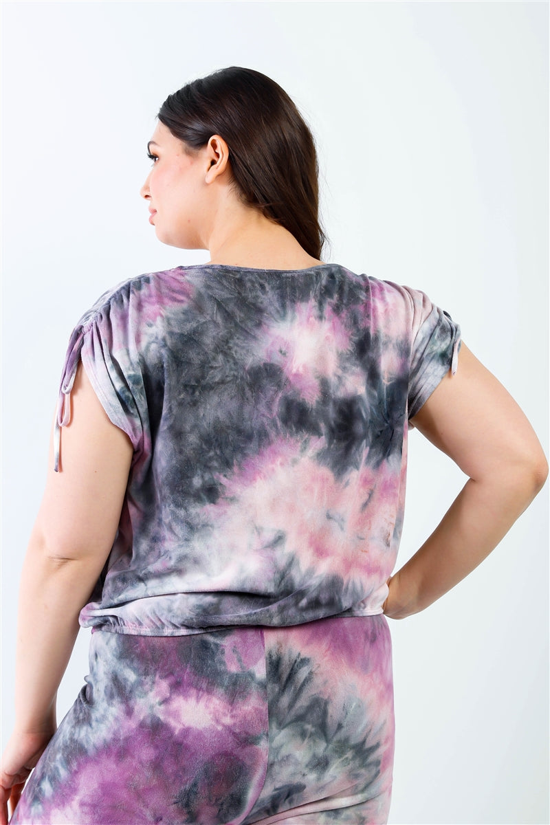 Plus Purple & Black Tie-dye Ruched Shoulder Detail Top & Pants Set Look Up Deals