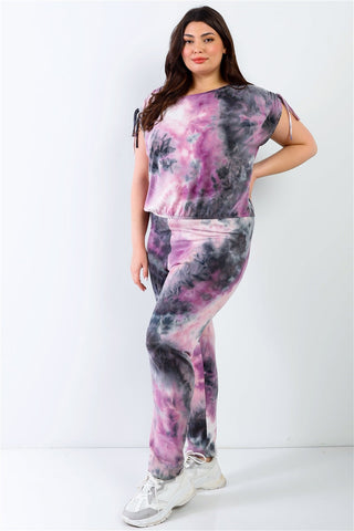 Plus Purple & Black Tie-dye Ruched Shoulder Detail Top & Pants Set Look Up Deals