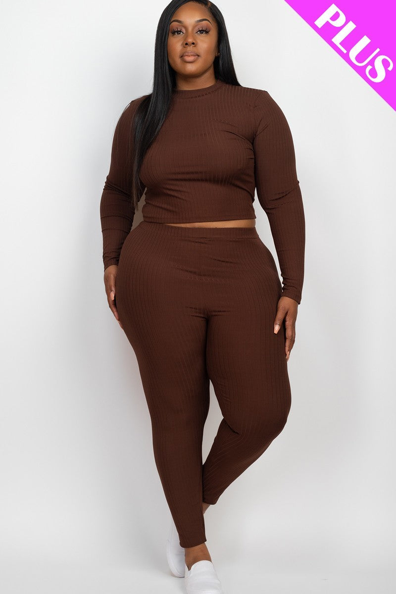 Plus Ribbed Mock Neck Long Sleeve Top & Leggings Set Look Up Deals