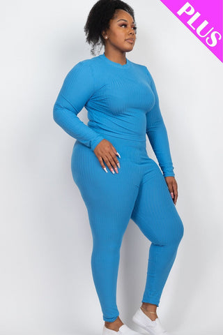 Plus Ribbed Mock Neck Long Sleeve Top & Leggings Set Look Up Deals