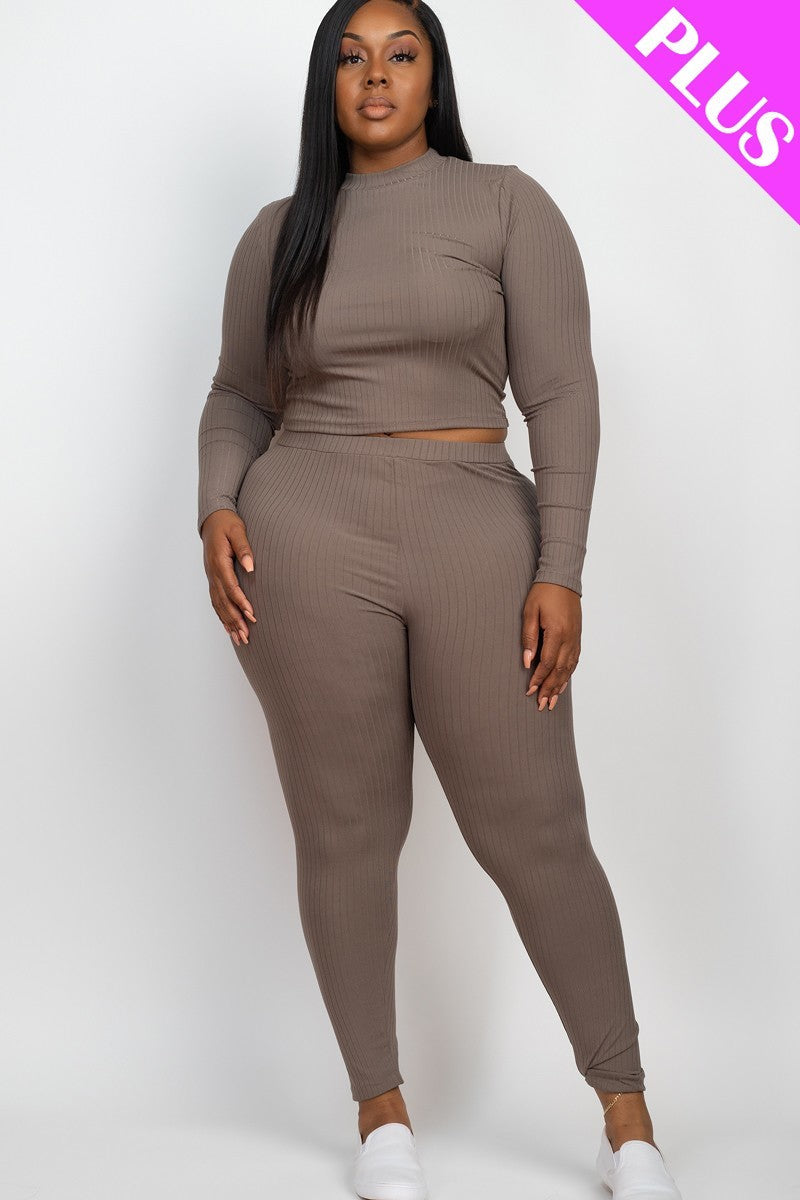 Plus Ribbed Mock Neck Long Sleeve Top & Leggings Set Look Up Deals